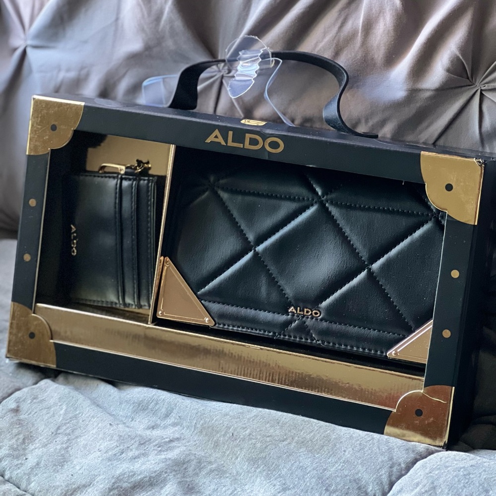 Aldo Black and Gold Quilted Wallet Set